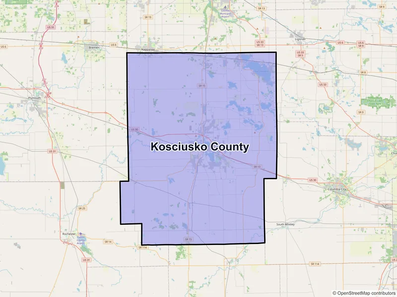 Map of Kosciusko County, Indiana and ZIP codes