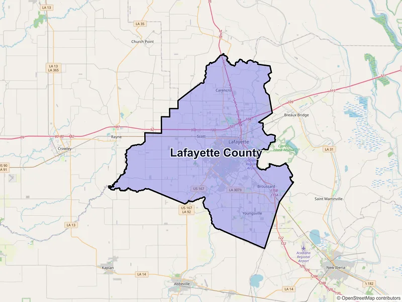 Map of Lafayette County, Louisiana and ZIP codes