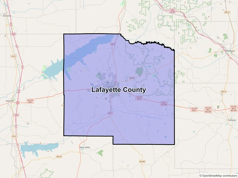 Map of Lafayette County, Mississippi and ZIP codes