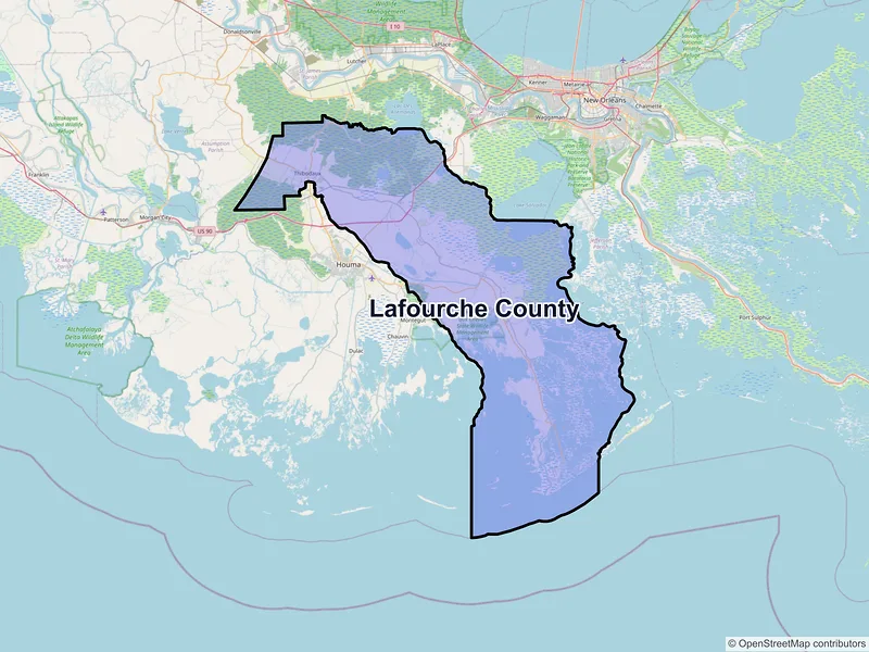 Map of Lafourche County, Louisiana and ZIP codes