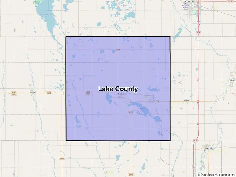 Map of Lake County, South Dakota and ZIP codes