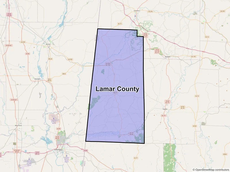 Map of Lamar County, Alabama and ZIP codes