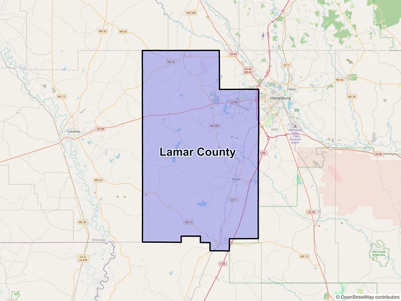 Map of Lamar County, Mississippi and ZIP codes