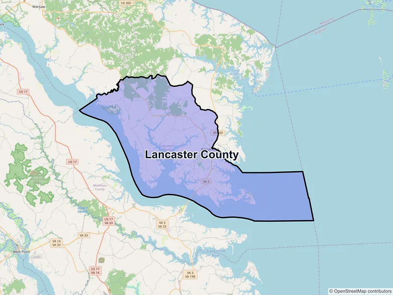 Map of Lancaster County, Virginia and ZIP codes