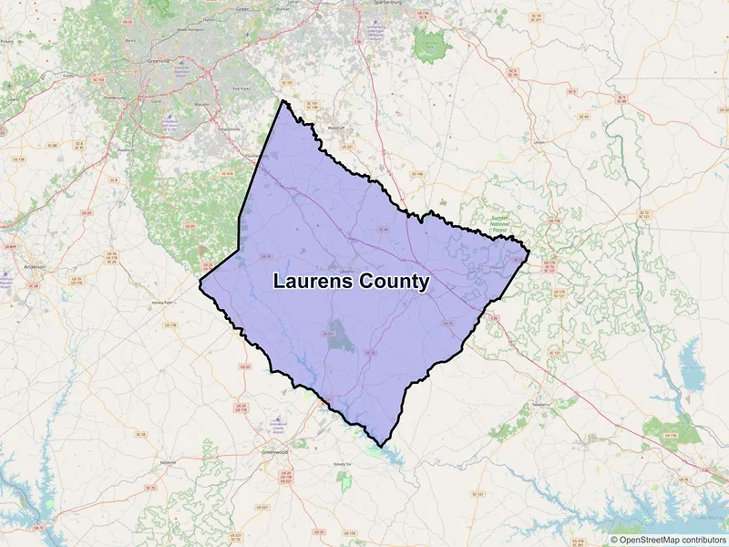Map of Laurens County, South Carolina and ZIP codes