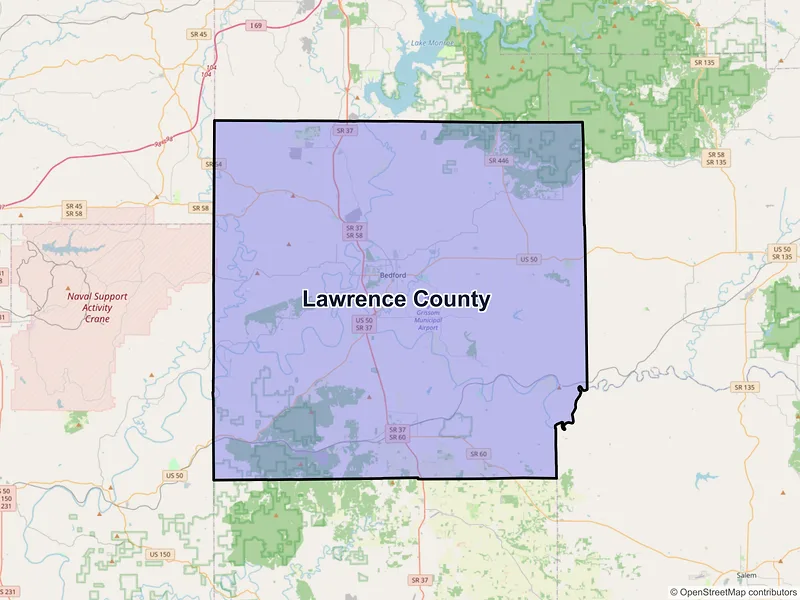 Map of Lawrence County, Indiana and ZIP codes