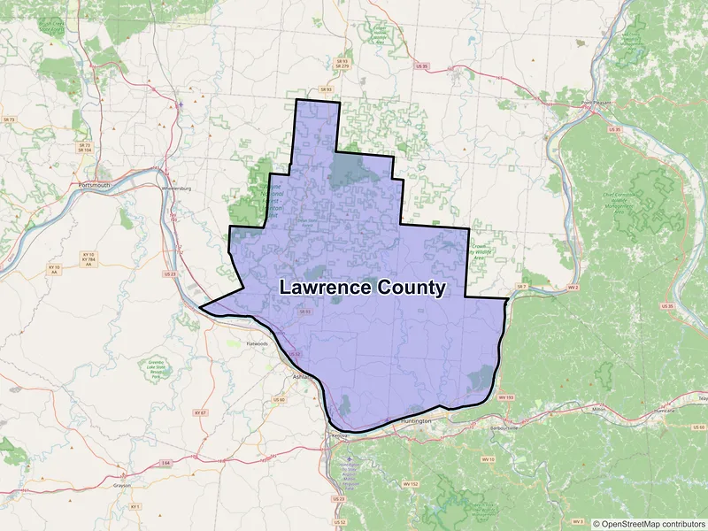 Map of Lawrence County, Ohio and ZIP codes