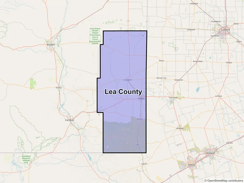 Map of Lea County, New Mexico and ZIP codes