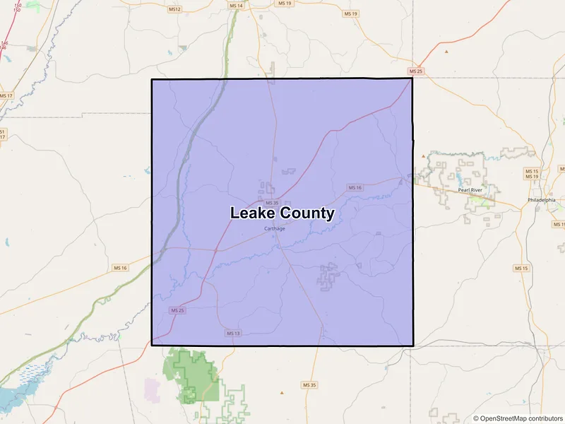 Map of Leake County, Mississippi and ZIP codes