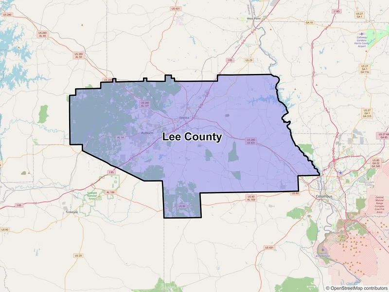 Map of Lee County, Alabama and ZIP codes