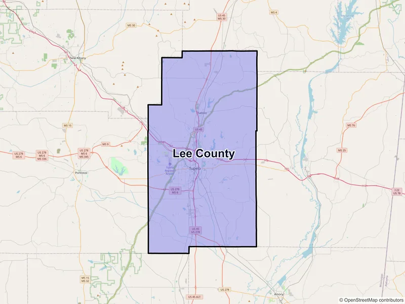 Map of Lee County, Mississippi and ZIP codes