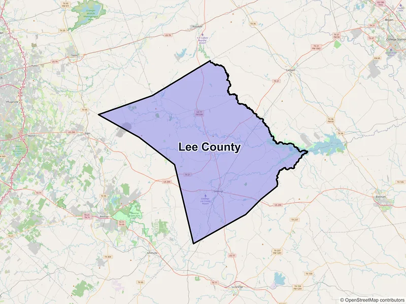 Map of Lee County, Texas and ZIP codes