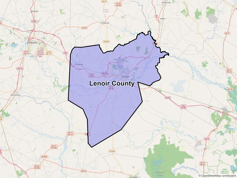 Map of Lenoir County, North Carolina and ZIP codes