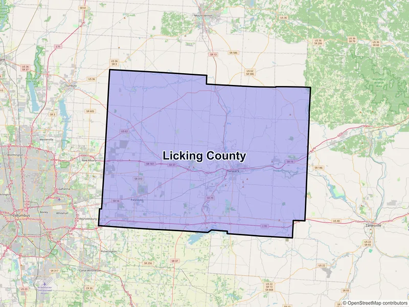 Map of Licking County, Ohio and ZIP codes