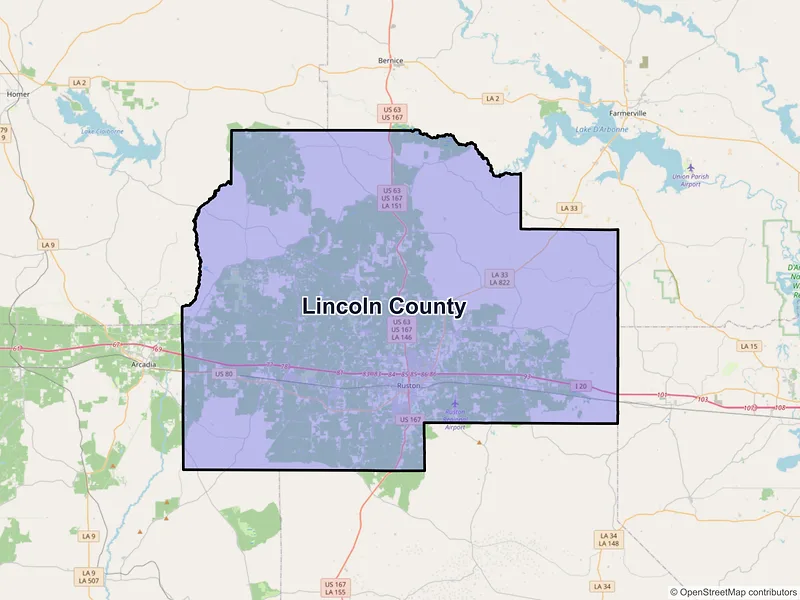 Map of Lincoln County, Louisiana and ZIP codes