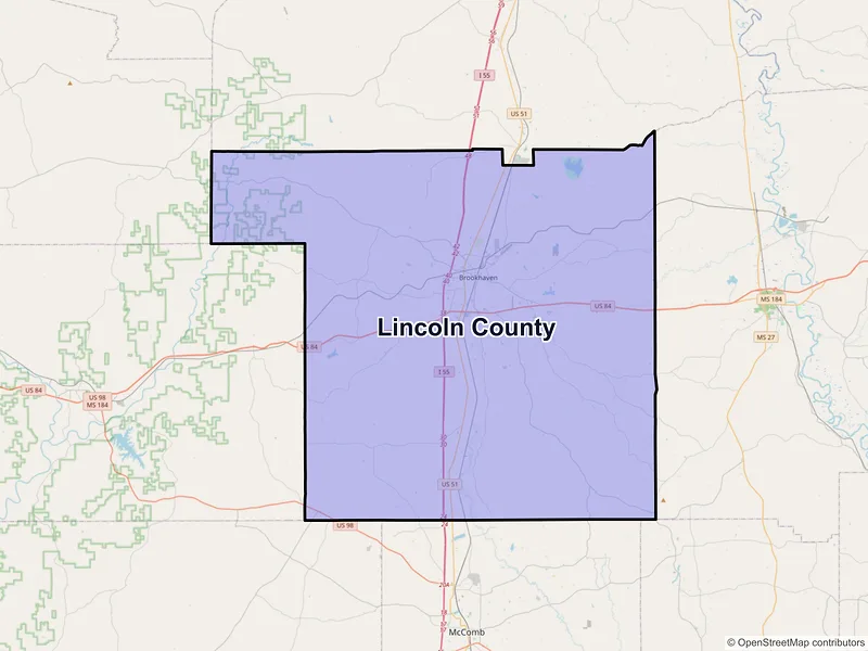 Map of Lincoln County, Mississippi and ZIP codes