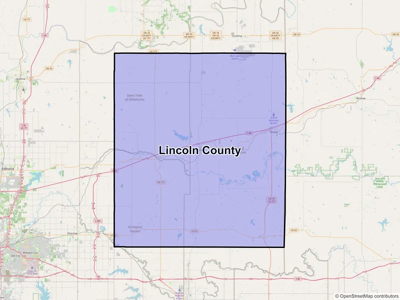 Map of Lincoln County, Oklahoma and ZIP codes