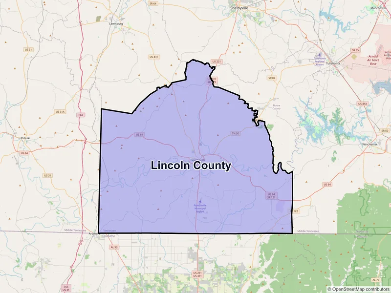 Map of Lincoln County, Tennessee and ZIP codes