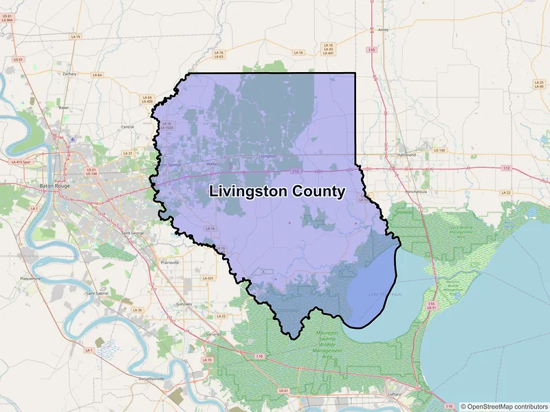 Map of Livingston County, Louisiana and ZIP codes