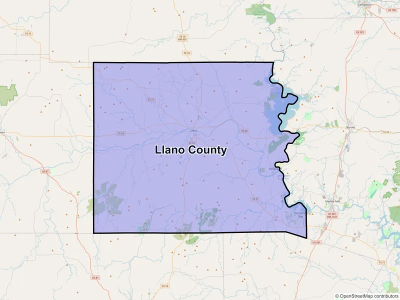 Map of Llano County, Texas and ZIP codes