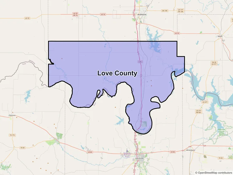 Map of Love County, Oklahoma and ZIP codes