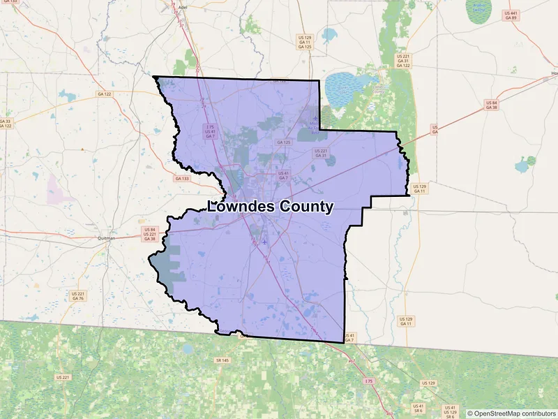 Map of Lowndes County, Georgia and ZIP codes