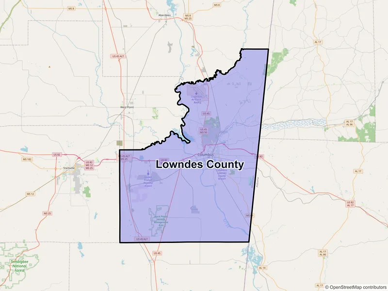 Map of Lowndes County, Mississippi and ZIP codes