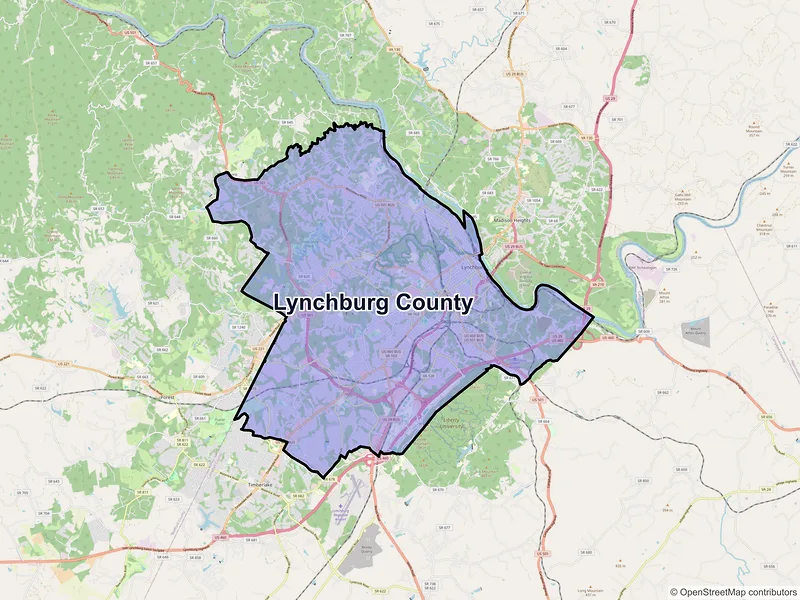 Map of Lynchburg County, Virginia and ZIP codes
