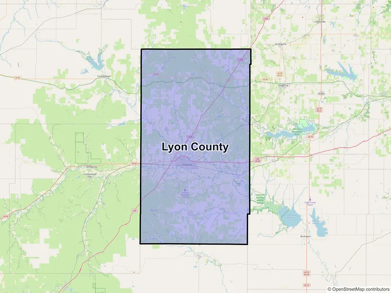 Map of Lyon County, Kansas and ZIP codes