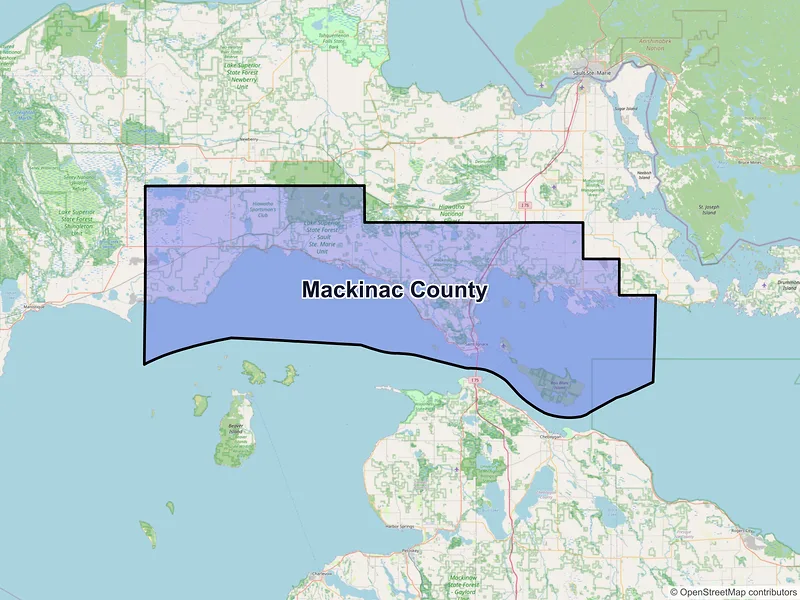 Map of Mackinac County, Michigan and ZIP codes