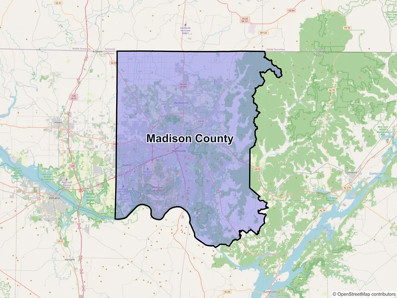 Map of Madison County, Alabama and ZIP codes