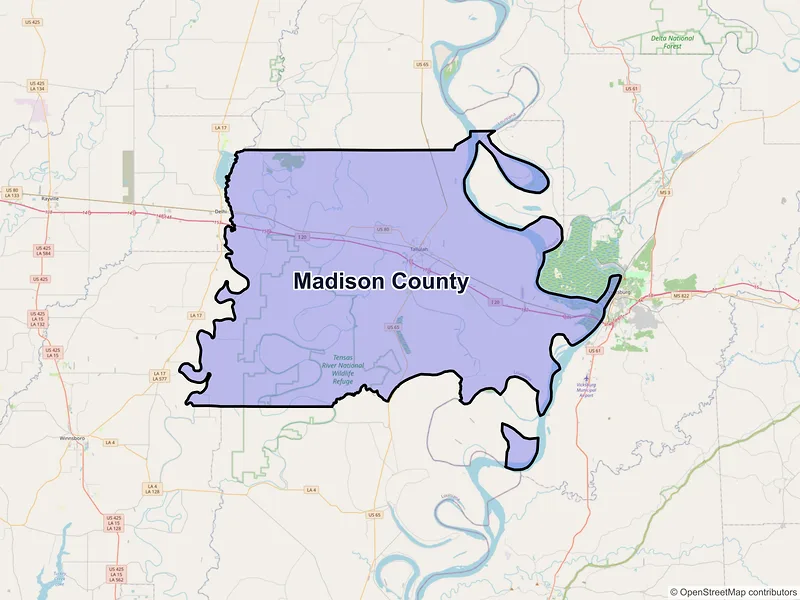 Map of Madison County, Louisiana and ZIP codes