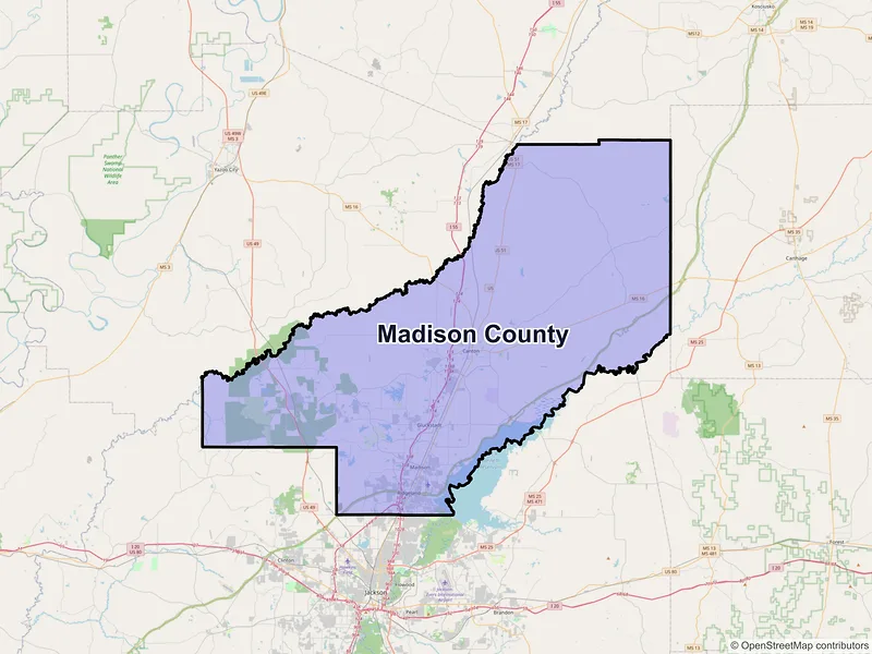 Map of Madison County, Mississippi and ZIP codes