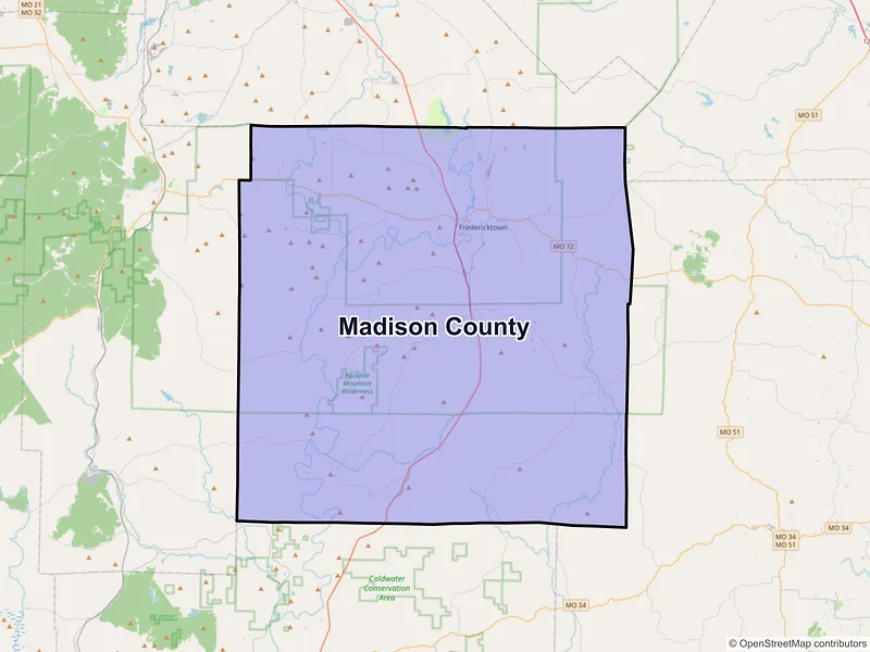 Map of Madison County, Missouri and ZIP codes
