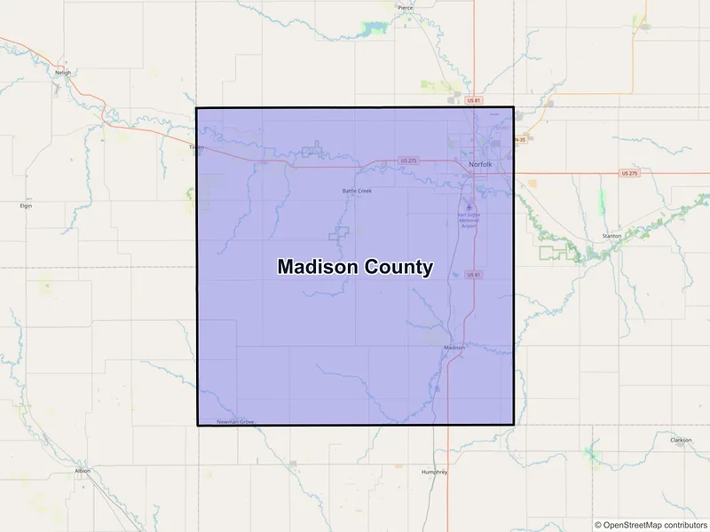 Map of Madison County, Nebraska and ZIP codes