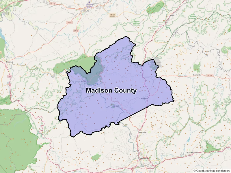 Map of Madison County, North Carolina and ZIP codes