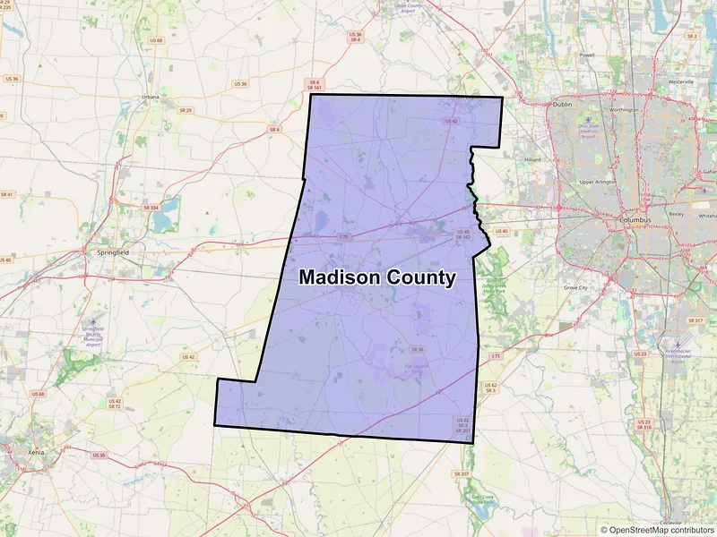 Map of Madison County, Ohio and ZIP codes