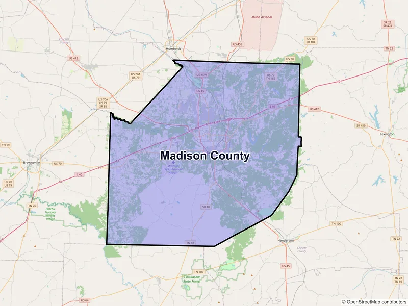 Map of Madison County, Tennessee and ZIP codes