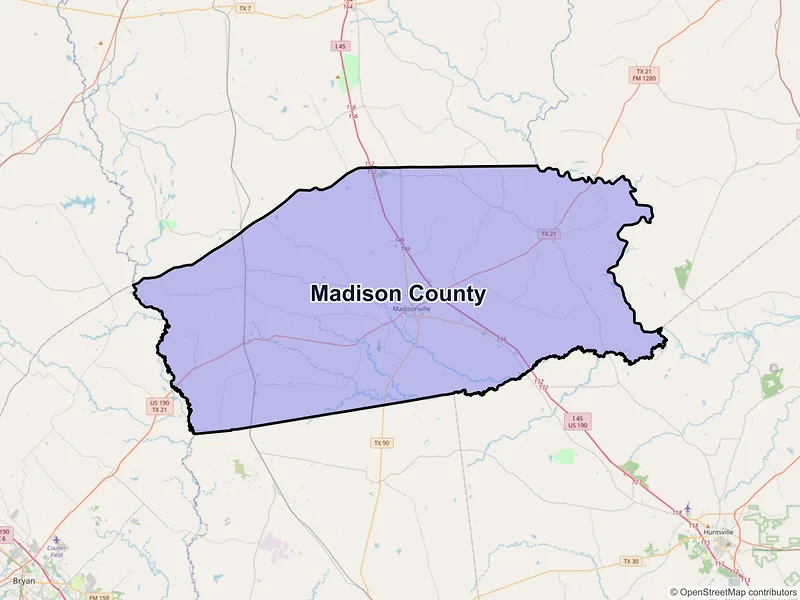 Map of Madison County, Texas and ZIP codes
