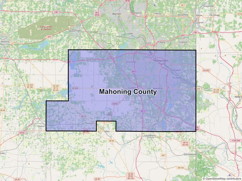 Map of Mahoning County, Ohio and ZIP codes
