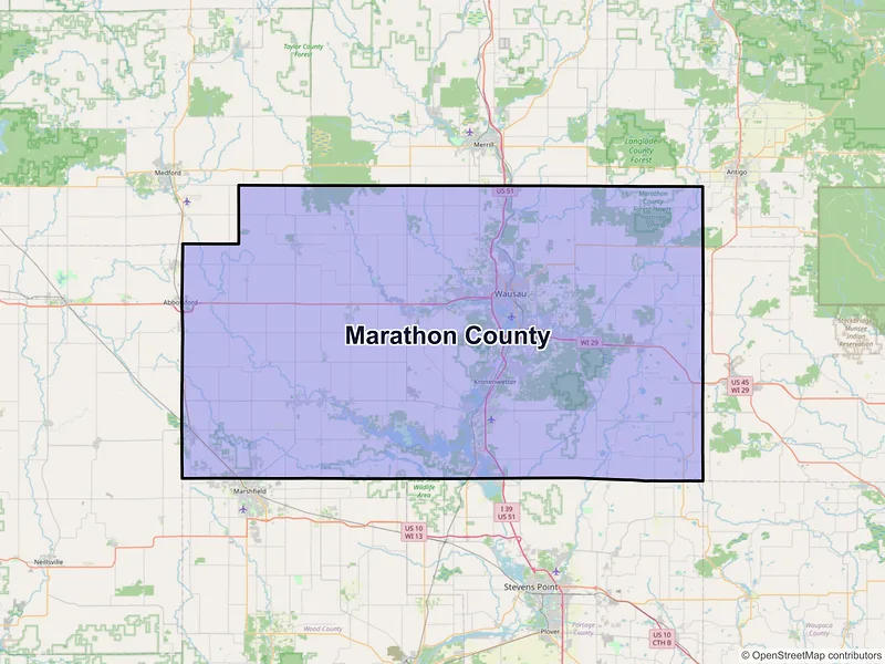 Map of Marathon County, Wisconsin and ZIP codes