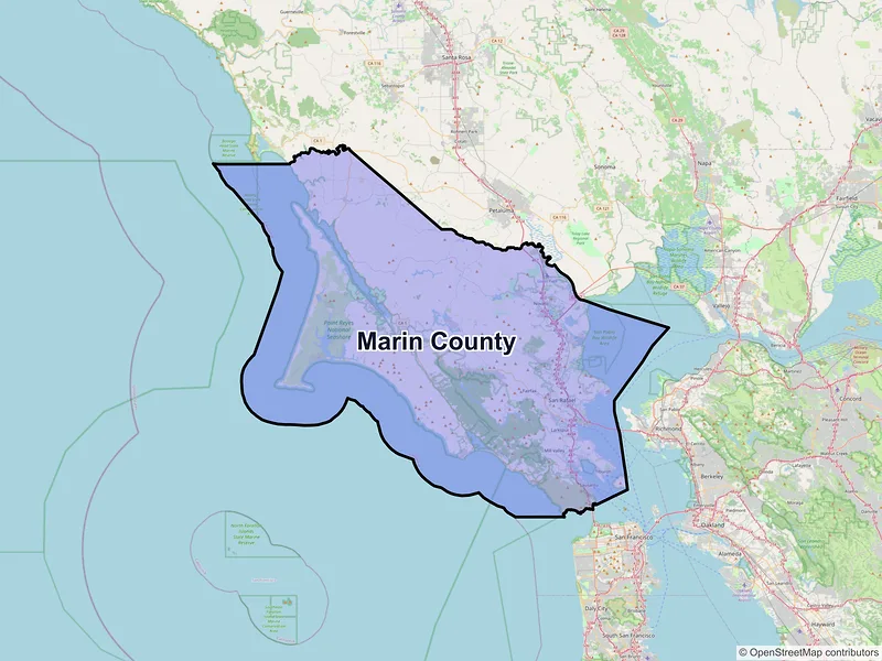 Map of Marin County, California and ZIP codes