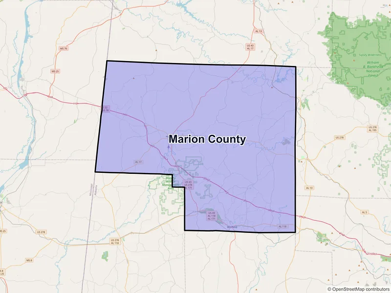 Map of Marion County, Alabama and ZIP codes