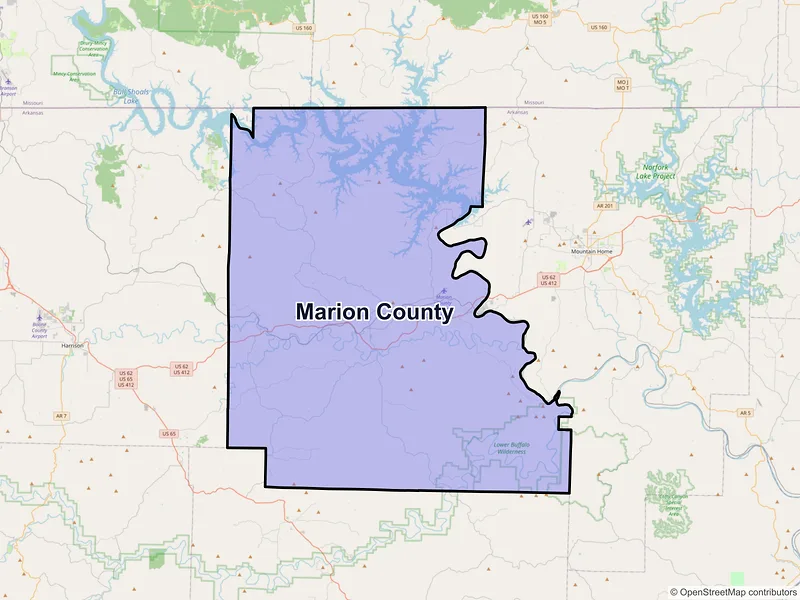 Map of Marion County, Arkansas and ZIP codes