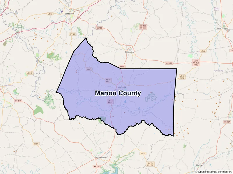 Map of Marion County, Kentucky and ZIP codes