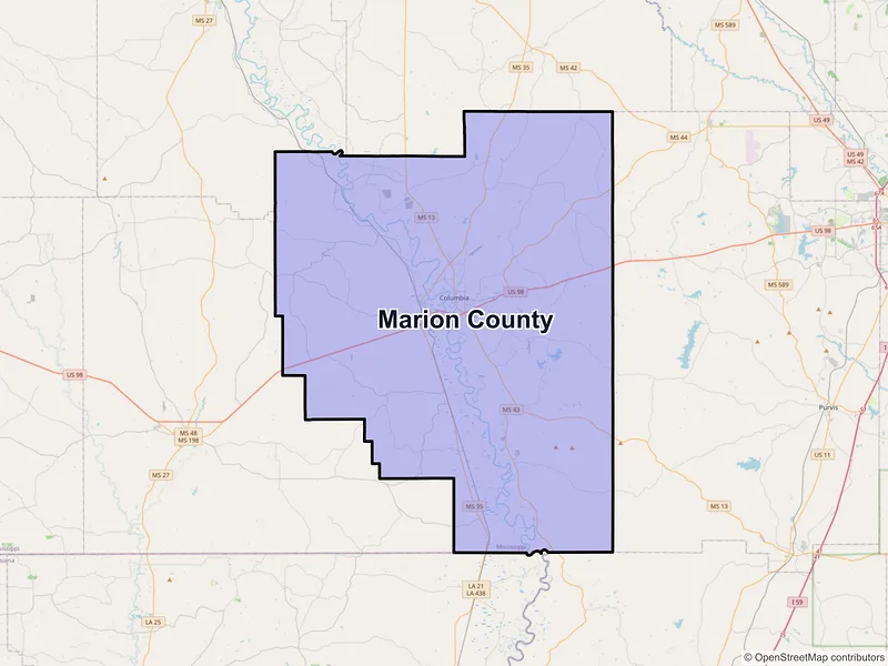 Map of Marion County, Mississippi and ZIP codes