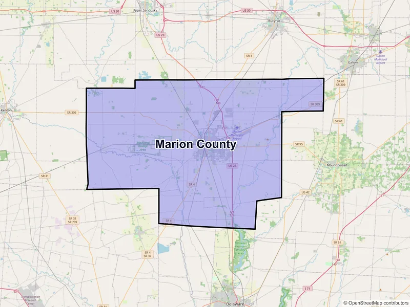 Map of Marion County, Ohio and ZIP codes