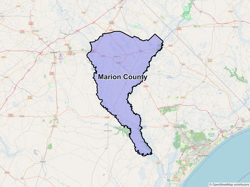 Map of Marion County, South Carolina and ZIP codes