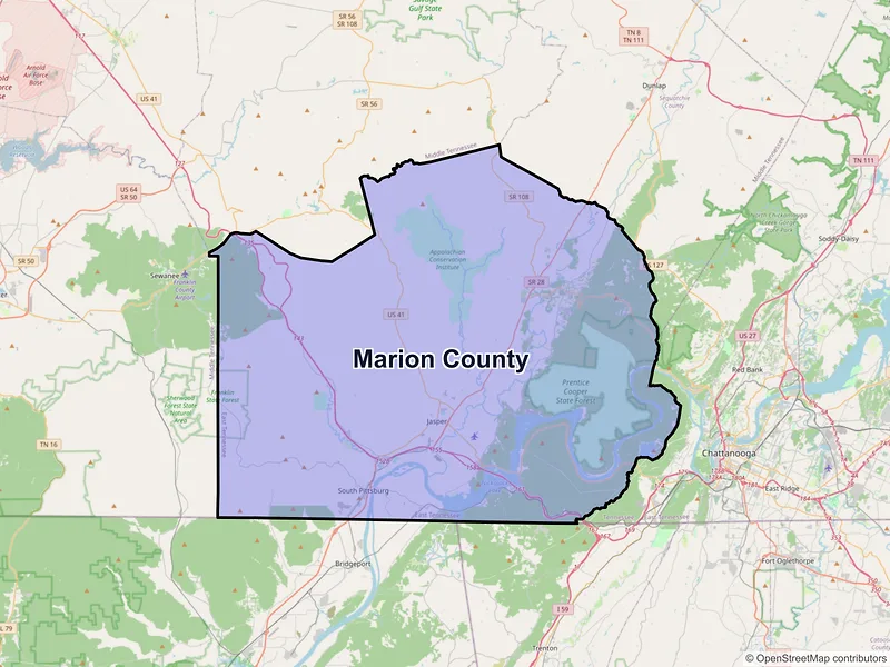 Map of Marion County, Tennessee and ZIP codes