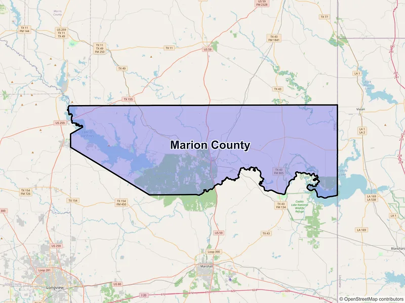 Map of Marion County, Texas and ZIP codes